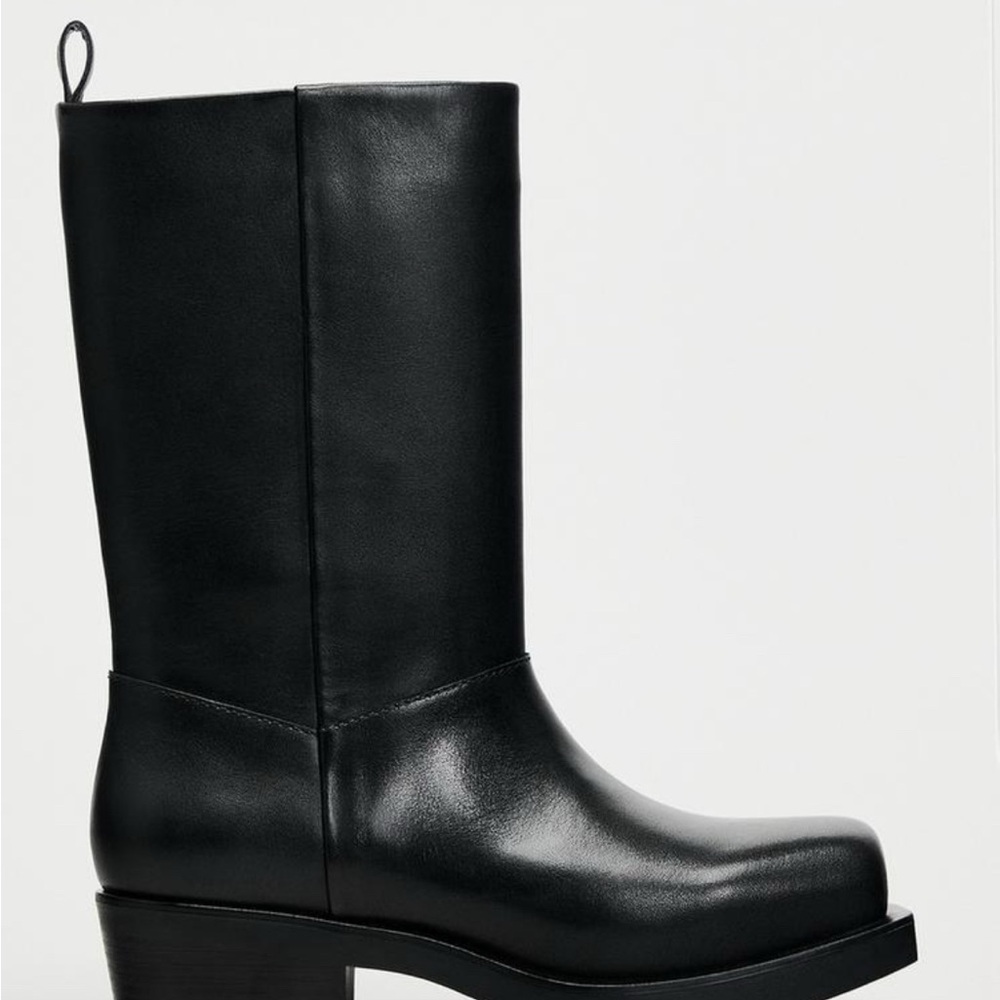 Zara Black Real Leather Boots Mid Calf